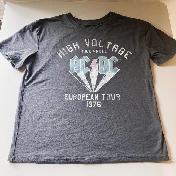 AC/DC Grey Graphic Tee Youth Kids  SIZE MEDIUM 7/8 VTG STYLE T SHIRT band tour - Picture 1 of 4